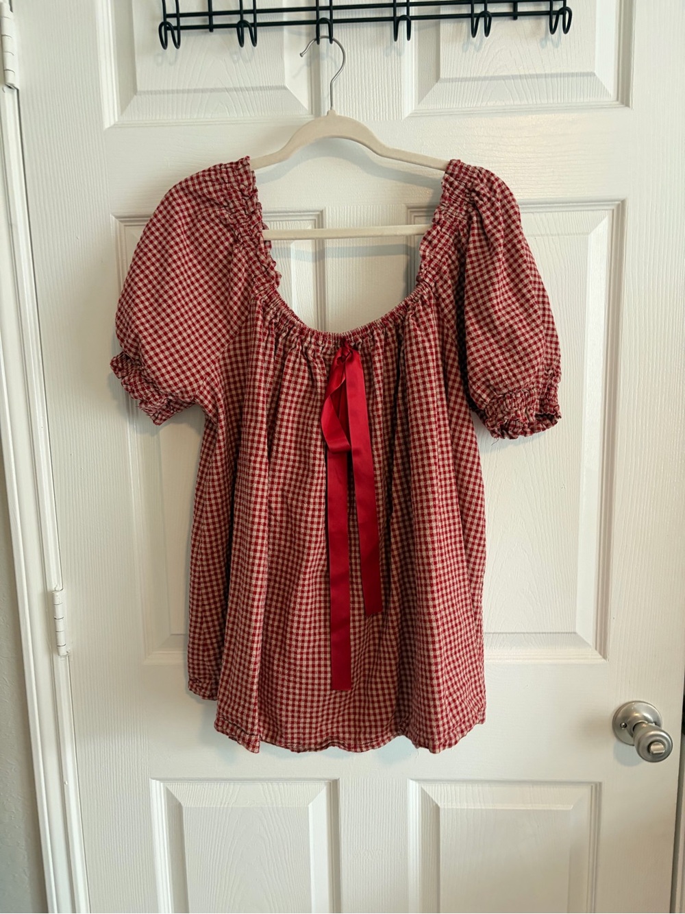 Red Gingham Peasant Top with Ribbon Tie